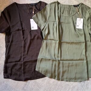 NWT Quince Short Sleeve Silk Tops in Dark Brown and  Green 100 silk